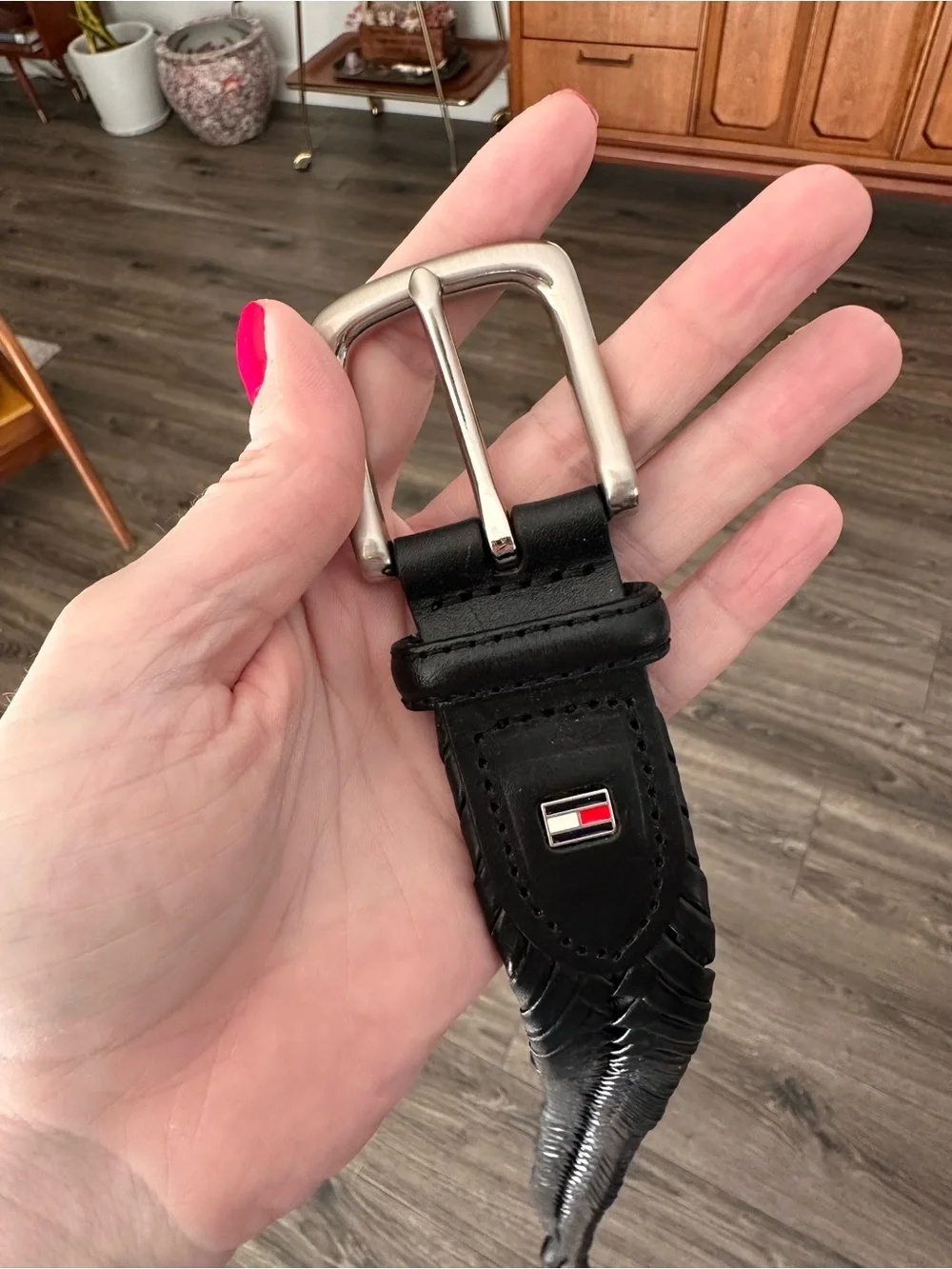 Tommy Hilfiger Black Braided Genuine Leather Belt with Silver Buckle